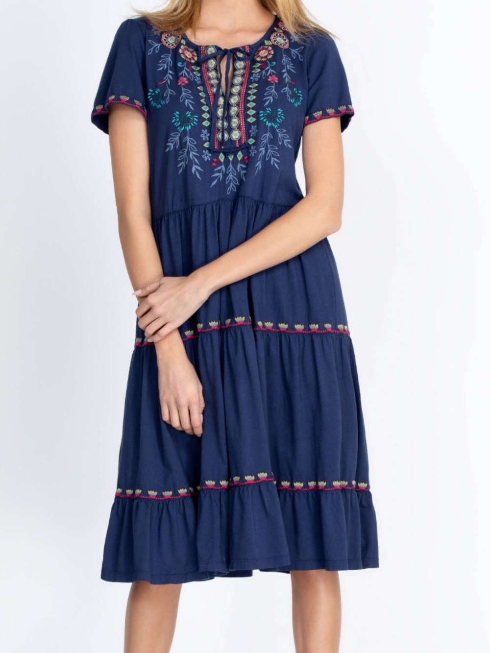 Johnny Was Blue Colorful Floral Embroidered 
A-Line Tiered Midi Sicilia Dress XS